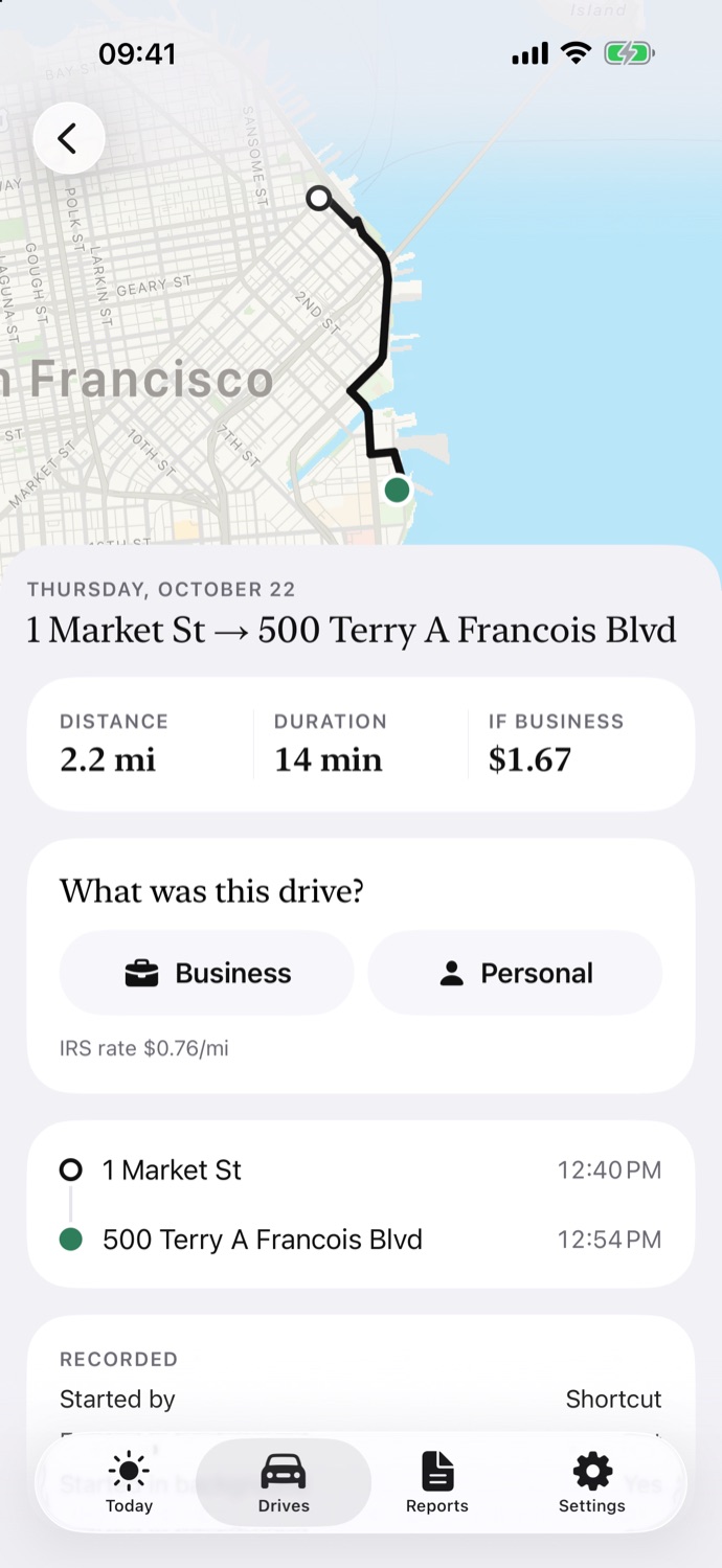 Drive details with map, distance and deduction