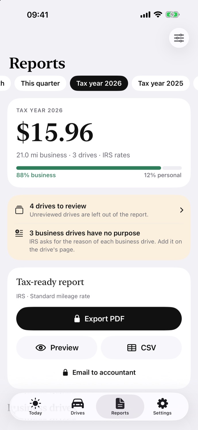 Reports screen for the 2026 tax year